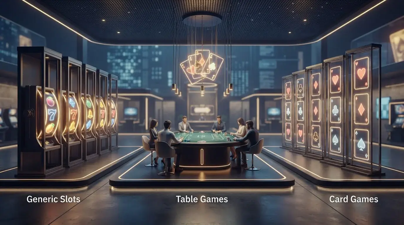 Illustrazione editoriale di slot, carte e tavoli che rappresentano le categorie storiche del catalogo Gekobet