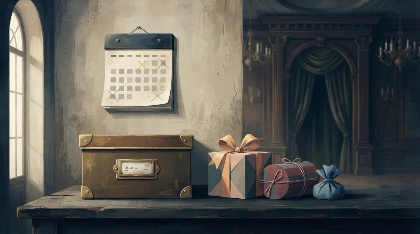 Illustrazione editoriale di una promozione conclusa rappresentata con simboli generici di regalo e calendario