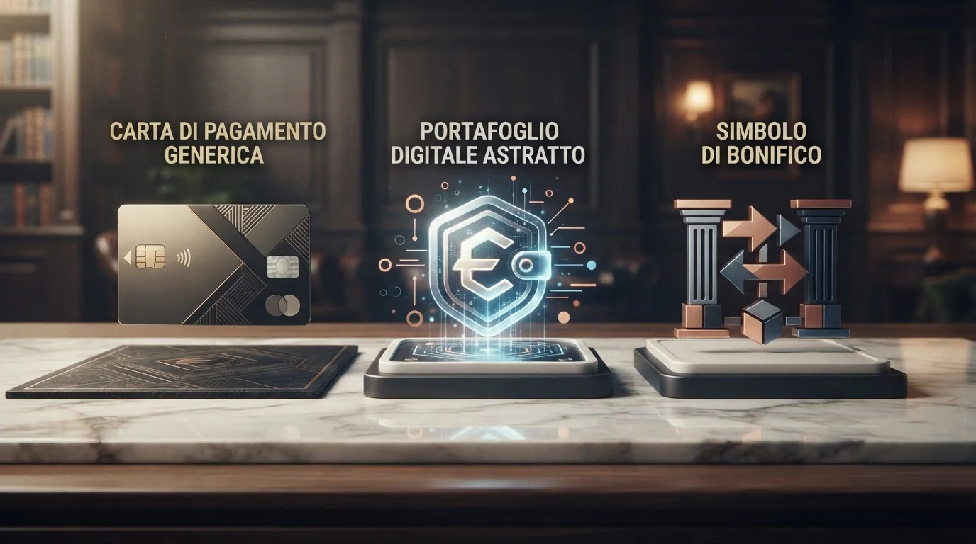 Illustrazione editoriale di carte, portafoglio digitale e bonifico come categorie di pagamento